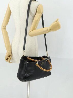 GUCCI Bamboo Hand Bag Leather 2way Black Gold